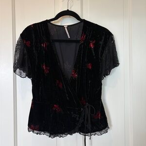 Free People Velvet Floral Black Wrap Top